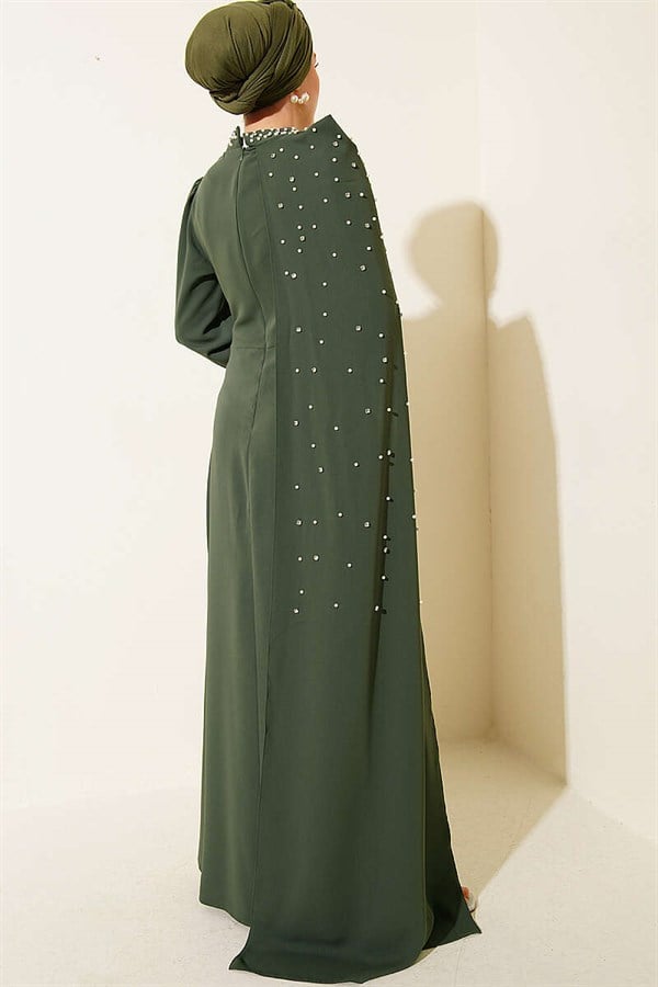 Off-Shoulder Cape Pearl Embellished Evening Dress Khaki