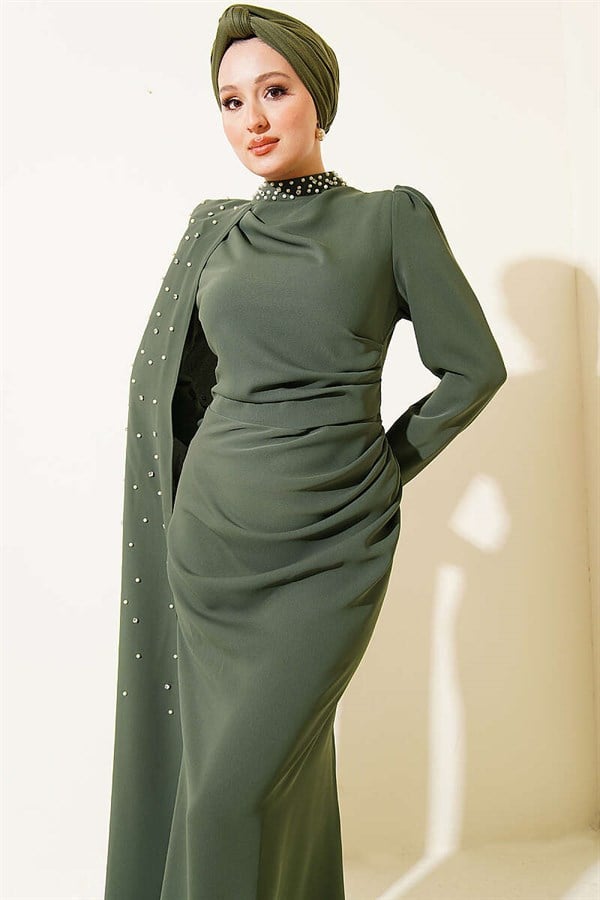 Off-Shoulder Cape Pearl Embellished Evening Dress Khaki
