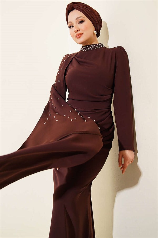 Off-Shoulder Cape Pearl Embellished Evening Dress in Brown