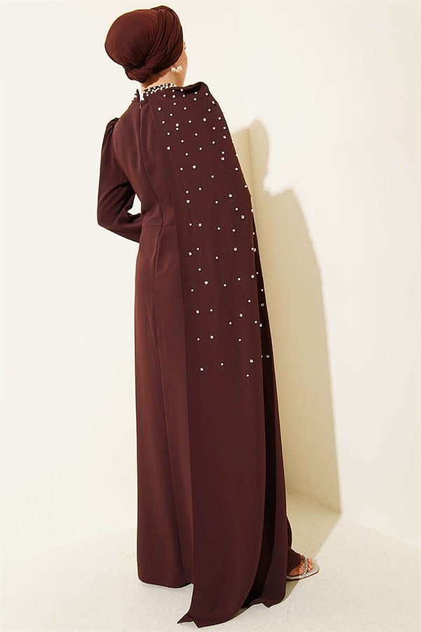 Off-Shoulder Cape Pearl Embellished Evening Dress in Brown