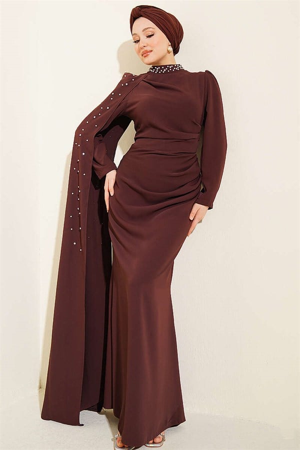 Off-Shoulder Cape Pearl Embellished Evening Dress in Brown