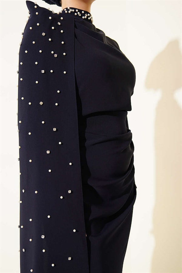 Navy Blue Pearl Embellished Evening Dress with Off-Shoulder Cape