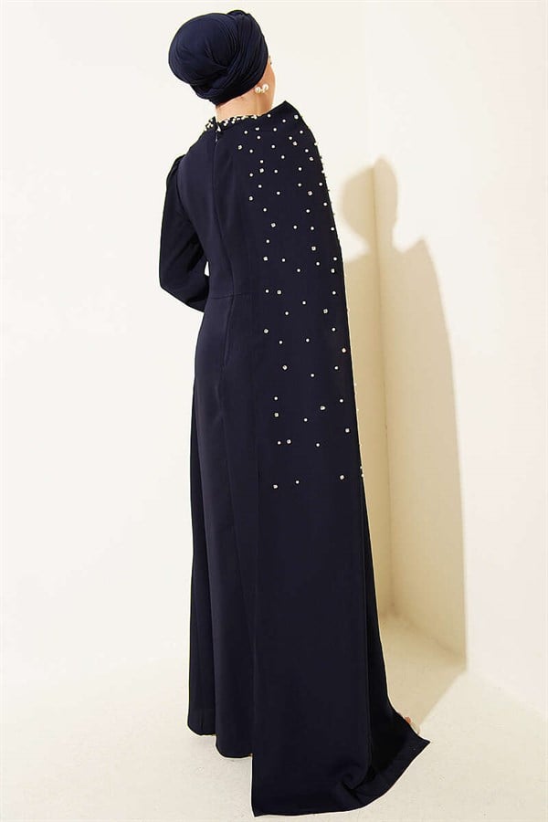Navy Blue Pearl Embellished Evening Dress with Off-Shoulder Cape