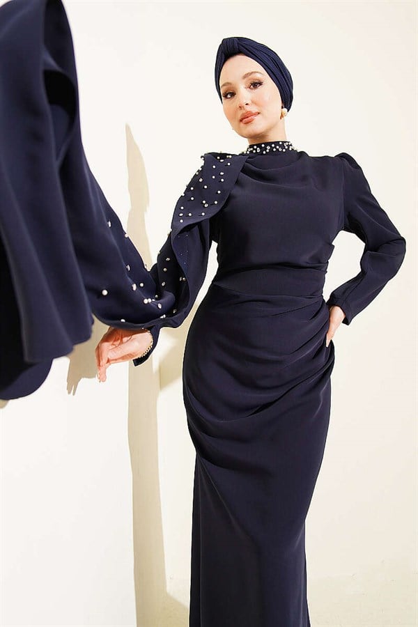 Navy Blue Pearl Embellished Evening Dress with Off-Shoulder Cape