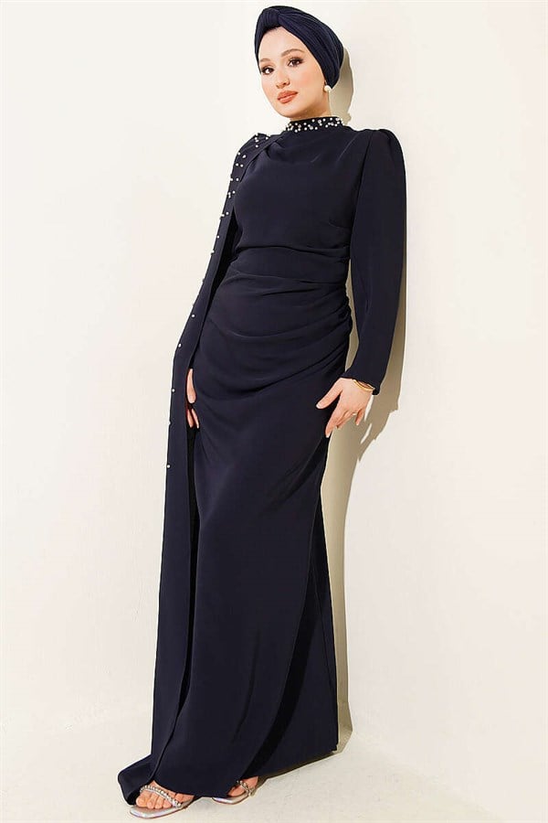Navy Blue Pearl Embellished Evening Dress with Off-Shoulder Cape