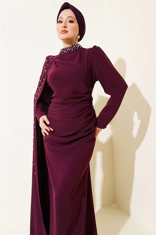 Off-Shoulder Cape Pearl Embellished Evening Dress in Plum