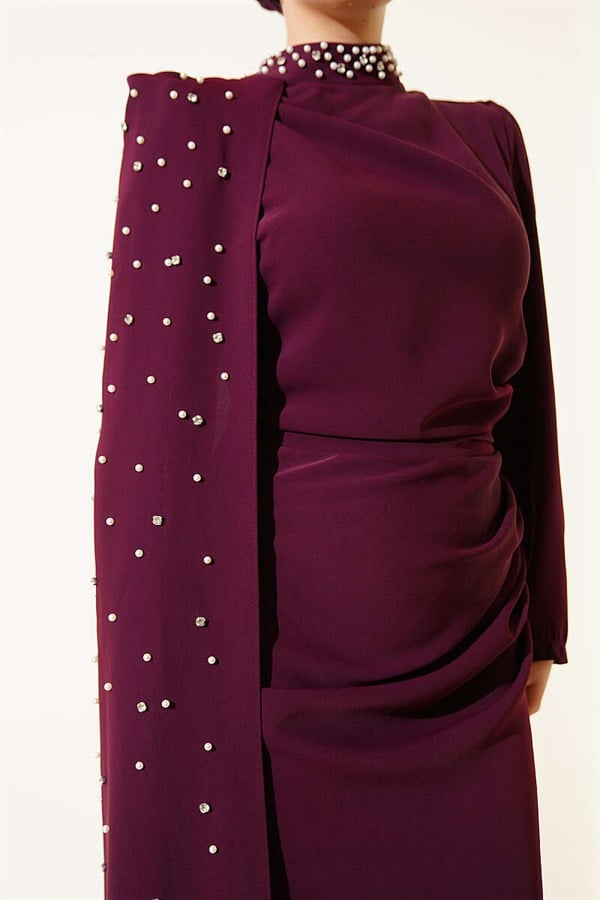 Off-Shoulder Cape Pearl Embellished Evening Dress in Plum
