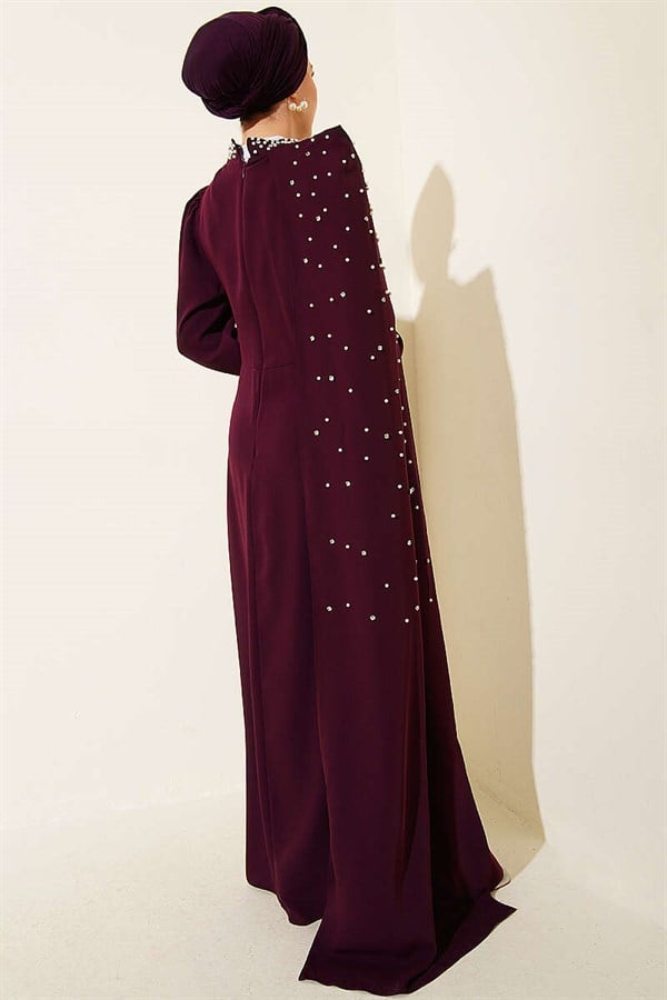 Off-Shoulder Cape Pearl Embellished Evening Dress in Plum