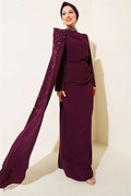 Off-Shoulder Cape Pearl Embellished Evening Dress in Plum
