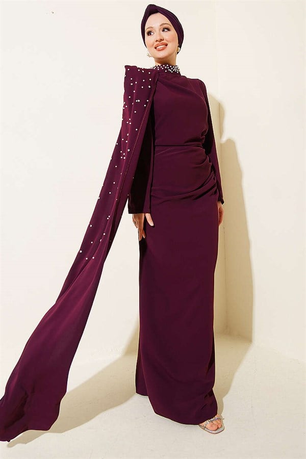 Off-Shoulder Cape Pearl Embellished Evening Dress in Plum