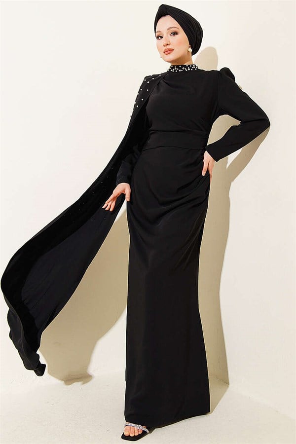 Off-Shoulder Cape Pearl Embellished Evening Dress, Black