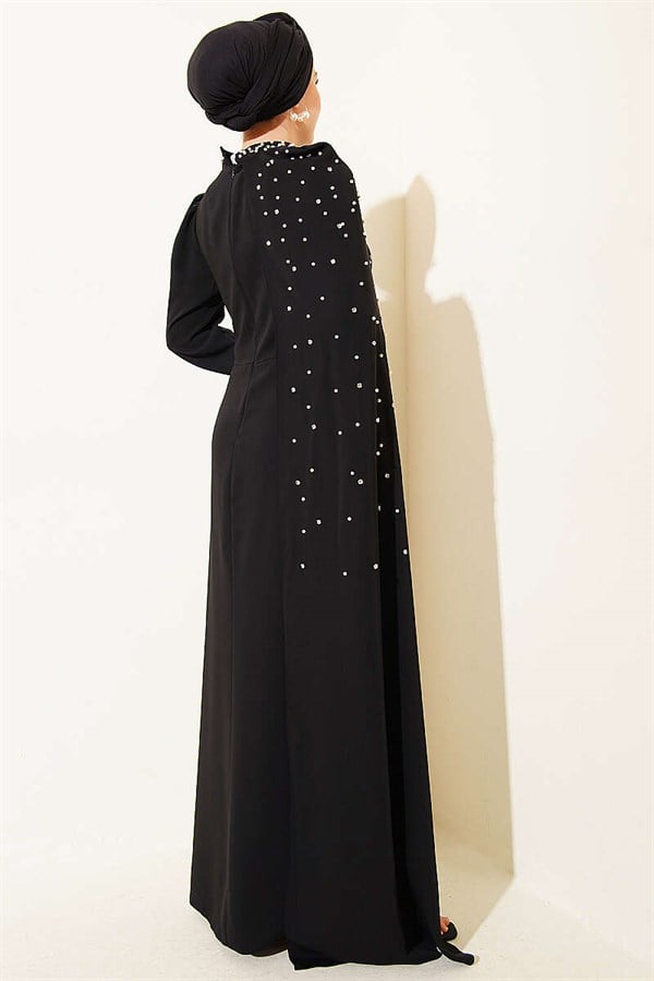 Off-Shoulder Cape Pearl Embellished Evening Dress, Black