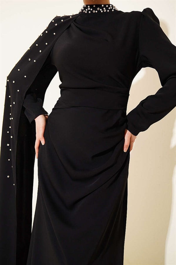 Off-Shoulder Cape Pearl Embellished Evening Dress, Black