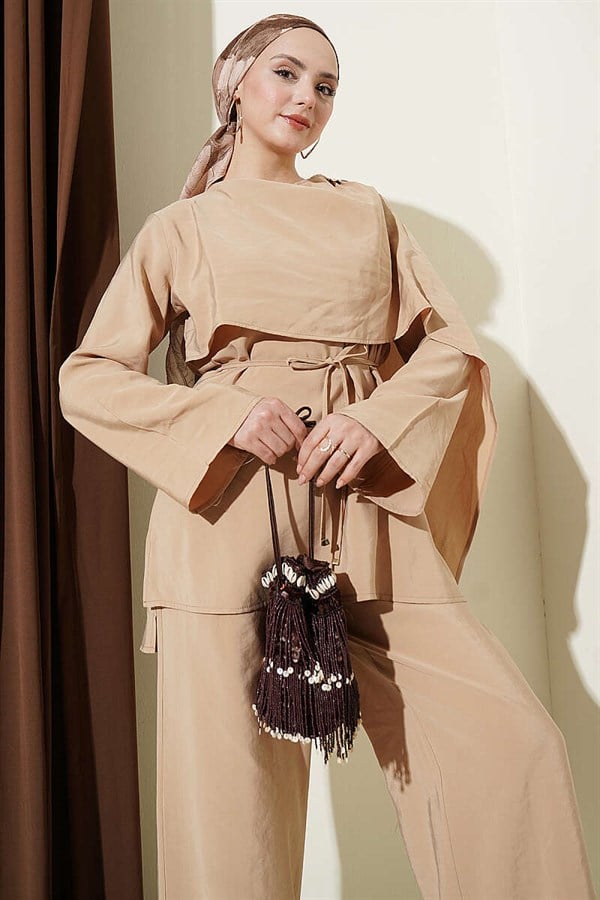 Modal 2 Piece Set with Shoulder Cape, Sand Beige