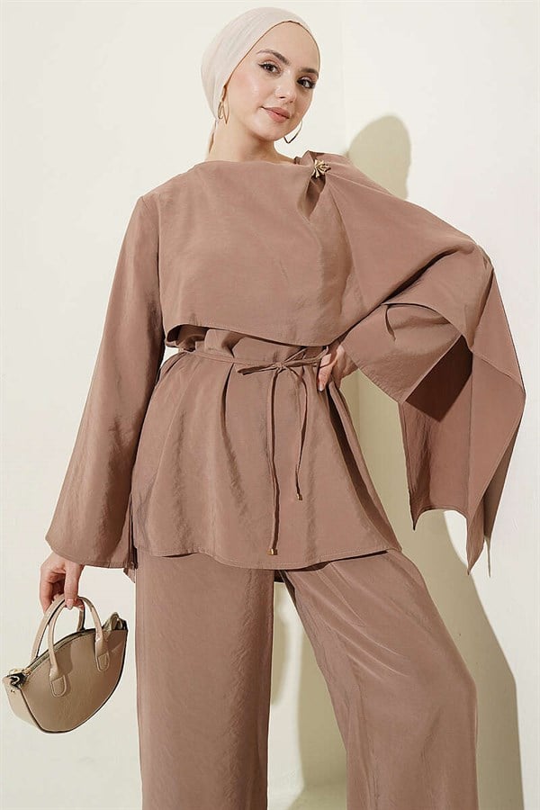 Modal 2 Piece Set with Shoulder Cape Latte