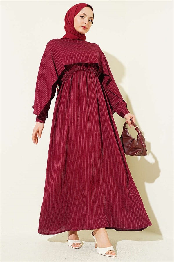 Off-Shoulder Cape Dress with Sequin Details, Burgundy
