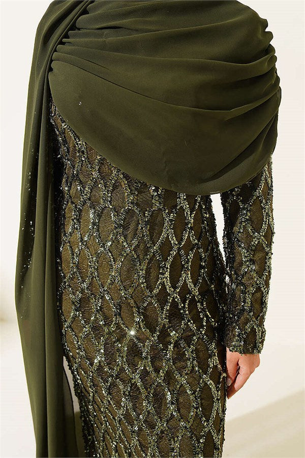 Off-Shoulder Cape Sequin Embellished Evening Dress Khaki