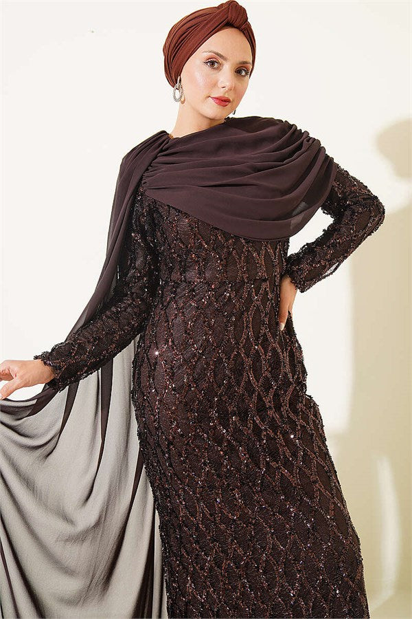 Off-the-Shoulder Cape Sequin Embellished Evening Dress in Brown