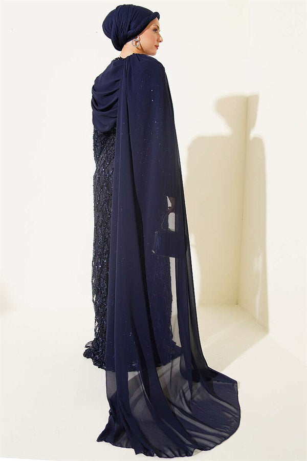 Navy Blue Sequin Embellished Evening Dress with Off-Shoulder Cape