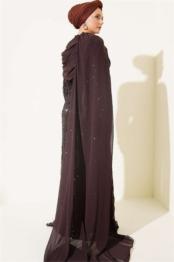 Off-the-Shoulder Cape Sequin Embellished Evening Dress in Brown