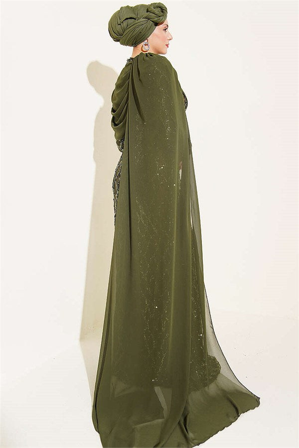 Off-Shoulder Cape Sequin Embellished Evening Dress Khaki