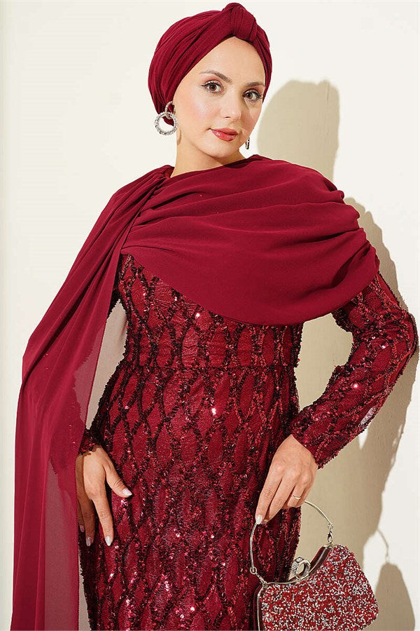Off-Shoulder Cape Sequin Embellished Evening Dress, Burgundy