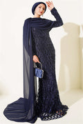 Navy Blue Sequin Embellished Evening Dress with Off-Shoulder Cape