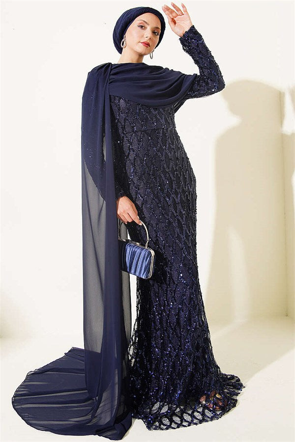 Navy Blue Sequin Embellished Evening Dress with Off-Shoulder Cape