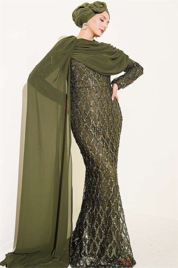 Off-Shoulder Cape Sequin Embellished Evening Dress Khaki