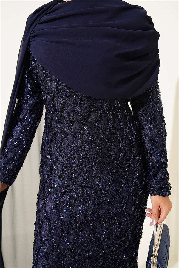 Navy Blue Sequin Embellished Evening Dress with Off-Shoulder Cape