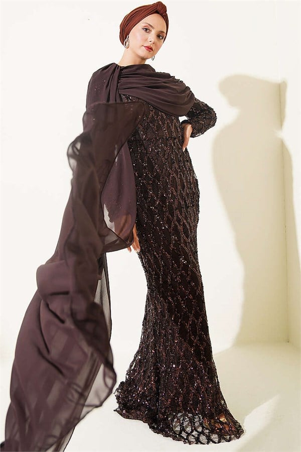 Off-the-Shoulder Cape Sequin Embellished Evening Dress in Brown