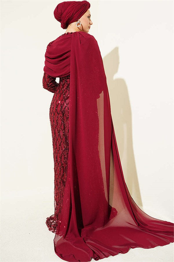 Off-Shoulder Cape Sequin Embellished Evening Dress, Burgundy