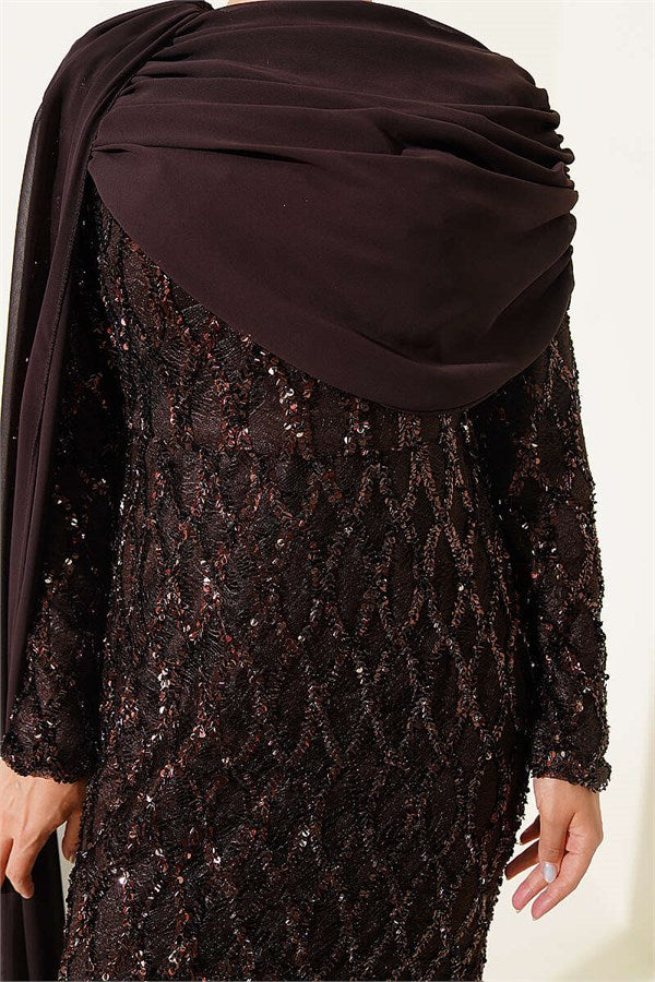 Off-the-Shoulder Cape Sequin Embellished Evening Dress in Brown