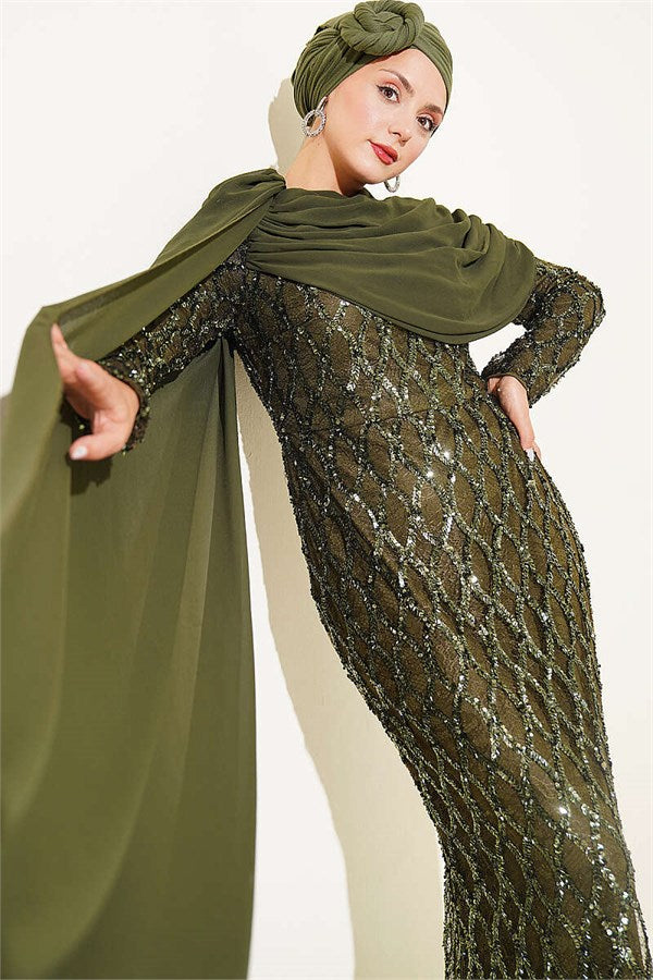 Off-Shoulder Cape Sequin Embellished Evening Dress Khaki