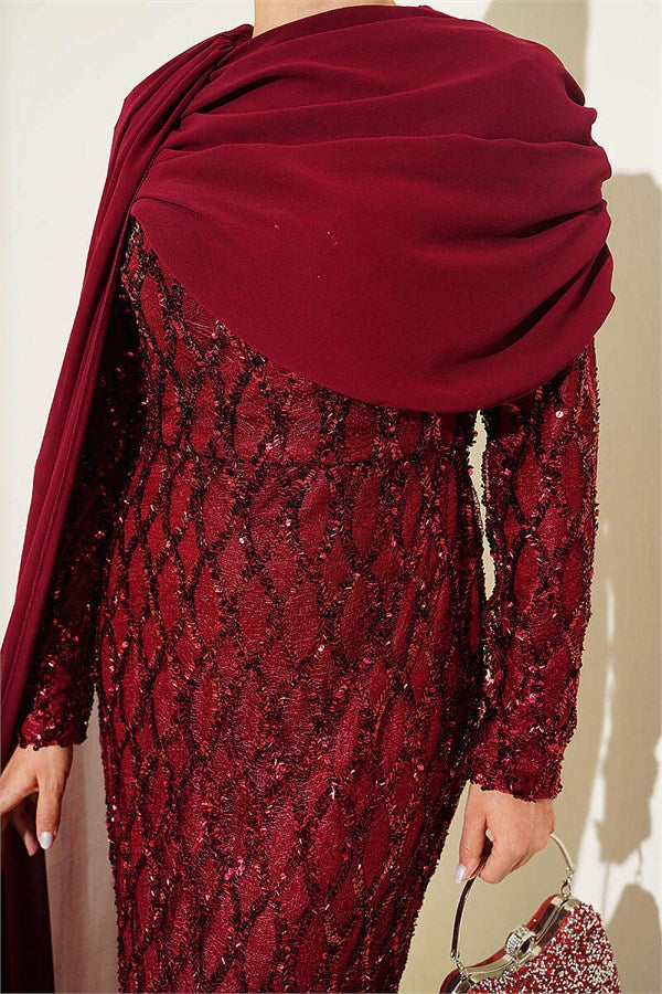Off-Shoulder Cape Sequin Embellished Evening Dress, Burgundy