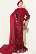 Off-Shoulder Cape Sequin Embellished Evening Dress, Burgundy
