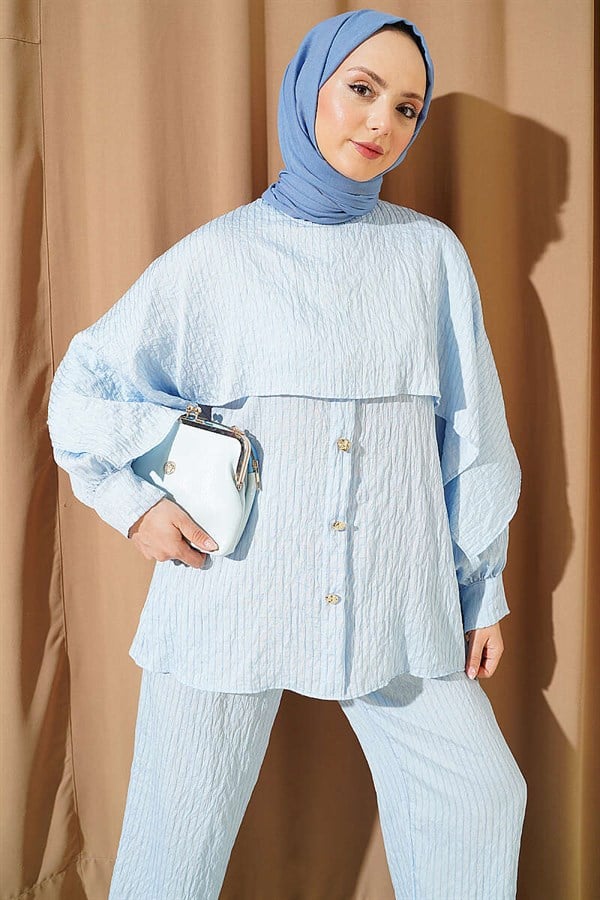 2 Piece Set with Shoulder Cape and Sequin Trim, Baby Blue