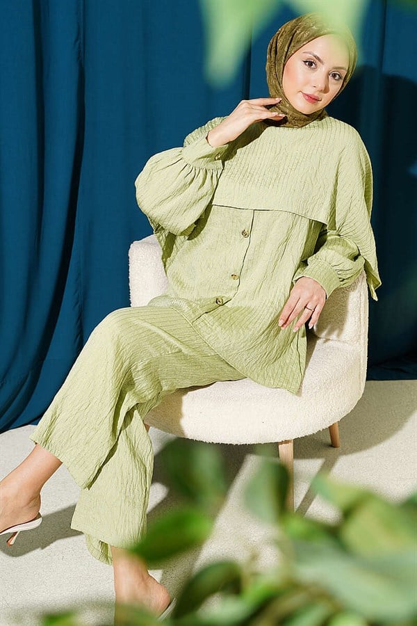 2 Piece Set with Shoulder Cape and Sequin Trim, Light Green