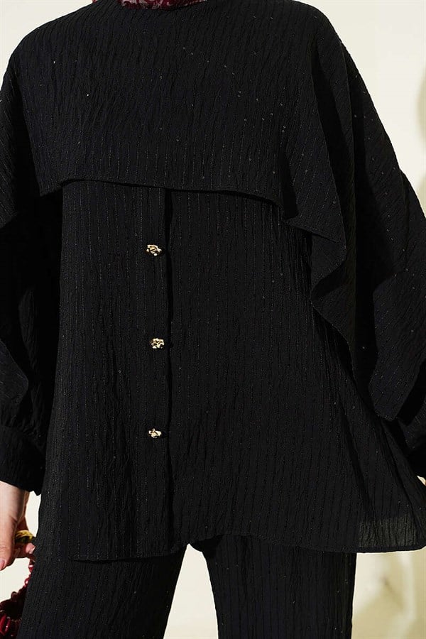 2 Piece Set with Shoulder Cape and Sequin Trim, Black
