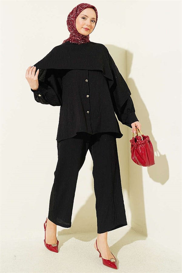 2 Piece Set with Shoulder Cape and Sequin Trim, Black
