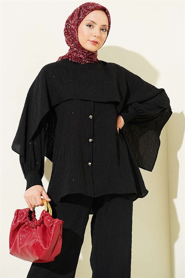 2 Piece Set with Shoulder Cape and Sequin Trim, Black
