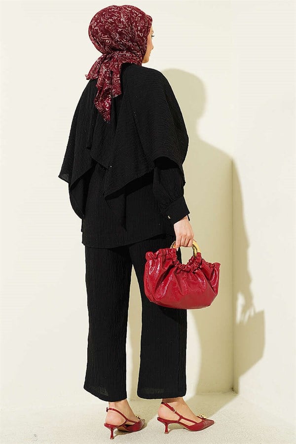 2 Piece Set with Shoulder Cape and Sequin Trim, Black