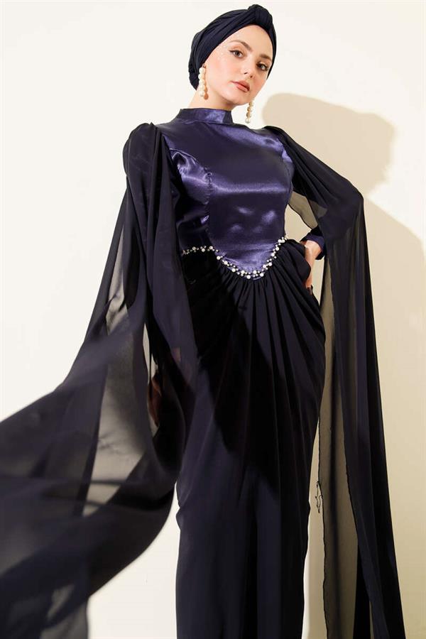 Navy Blue Evening Dress with Shoulder Cape and Stone Details