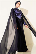 Navy Blue Evening Dress with Shoulder Cape and Stone Details