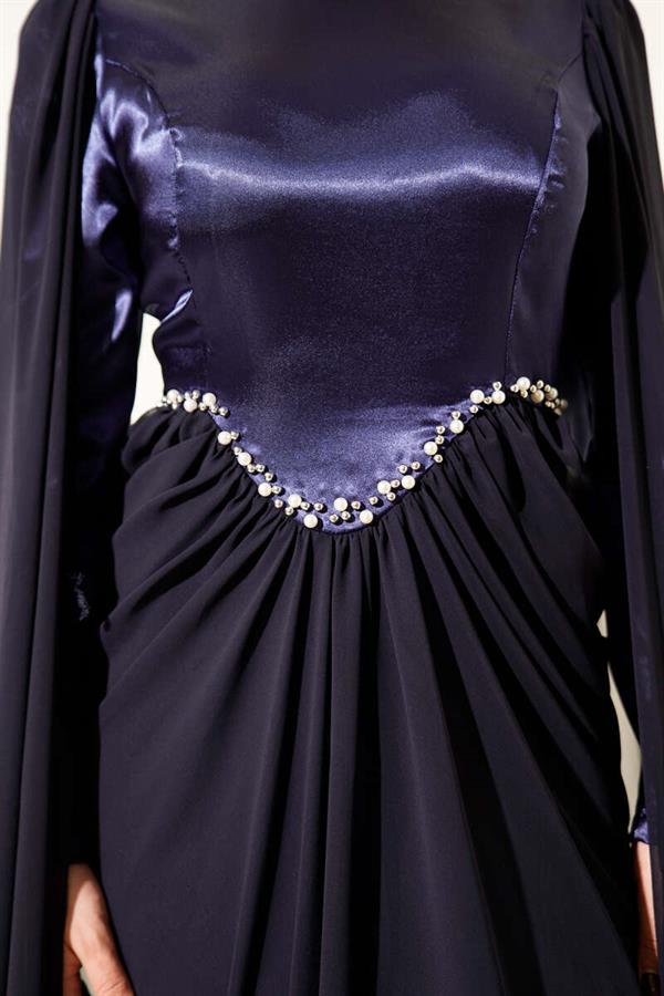 Navy Blue Evening Dress with Shoulder Cape and Stone Details