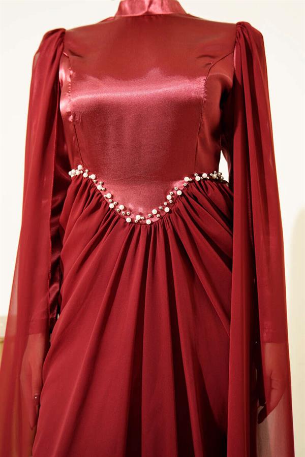 Burgundy Evening Dress with Shoulder Cape and Stone Details