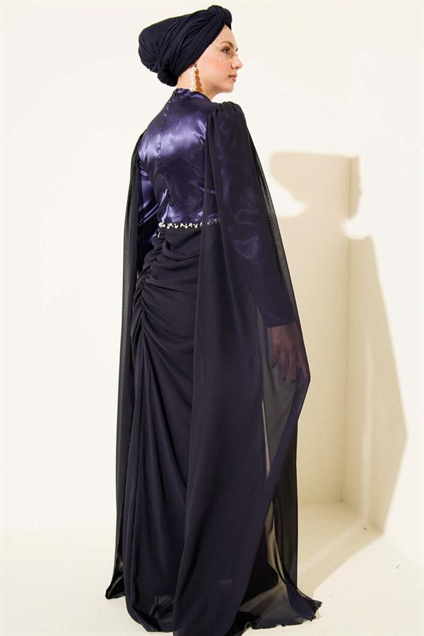 Navy Blue Evening Dress with Shoulder Cape and Stone Details