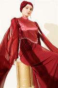 Burgundy Evening Dress with Shoulder Cape and Stone Details