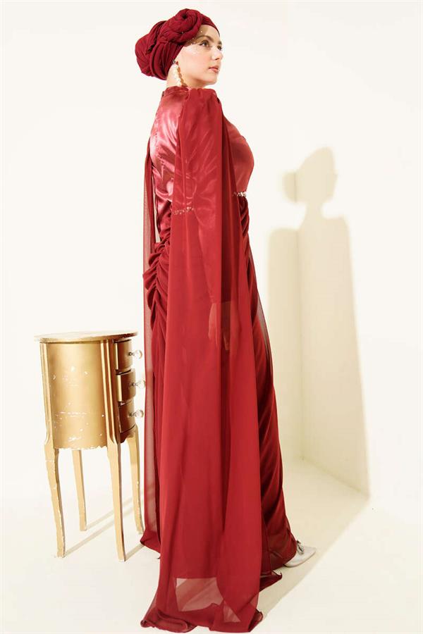 Burgundy Evening Dress with Shoulder Cape and Stone Details