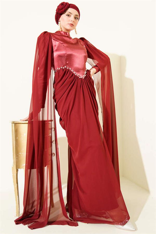 Burgundy Evening Dress with Shoulder Cape and Stone Details
